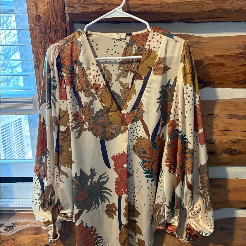 JODIFL Floral V-Neck Blouse - Cream and Orange